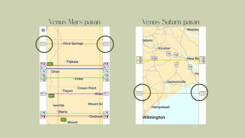 astrocartography maps of Venus Mars paran and Venus Satrun paran
