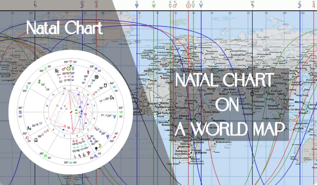 Natal chart on a world map showing planetary lines