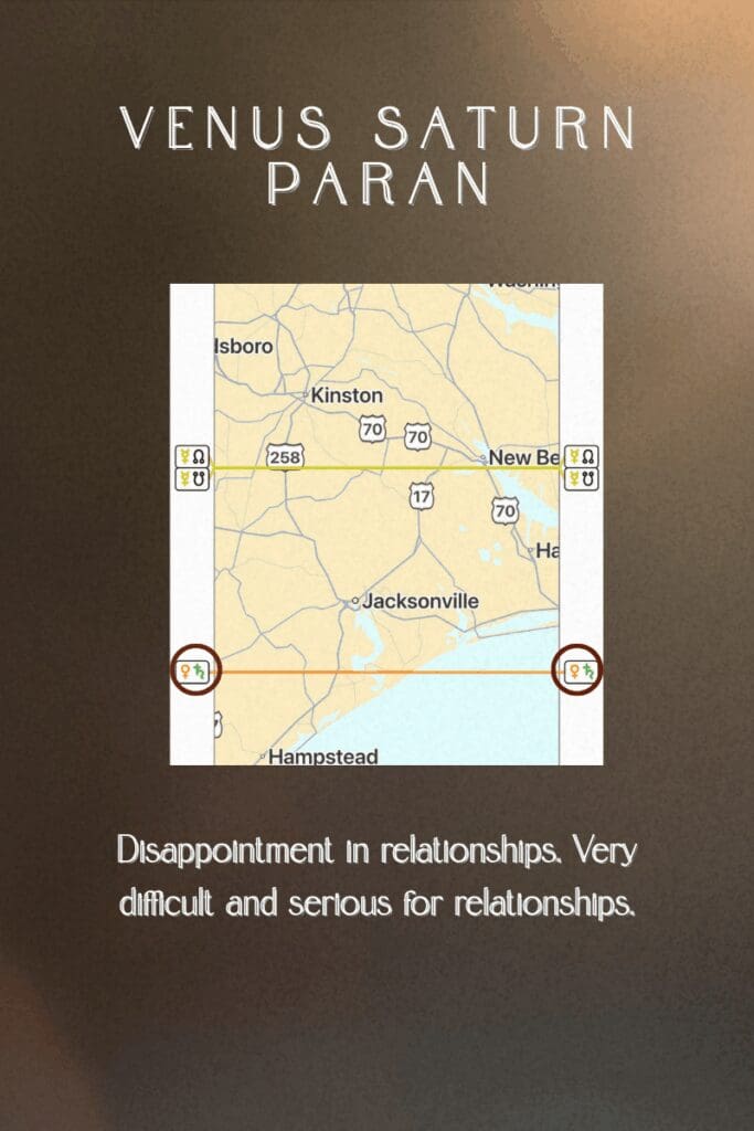 astrocartography map showing a venus saturn paran in jacksonville north carolina