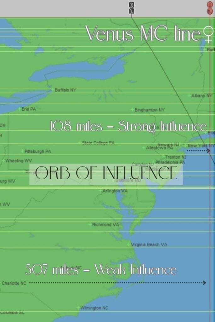 Venus MC line astrocartography map shwoing orb of influence for New York city and Charlotte