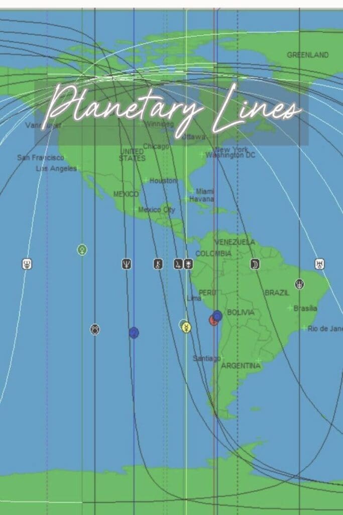 astrocartography map with Sun, Venus, and Mercury lines