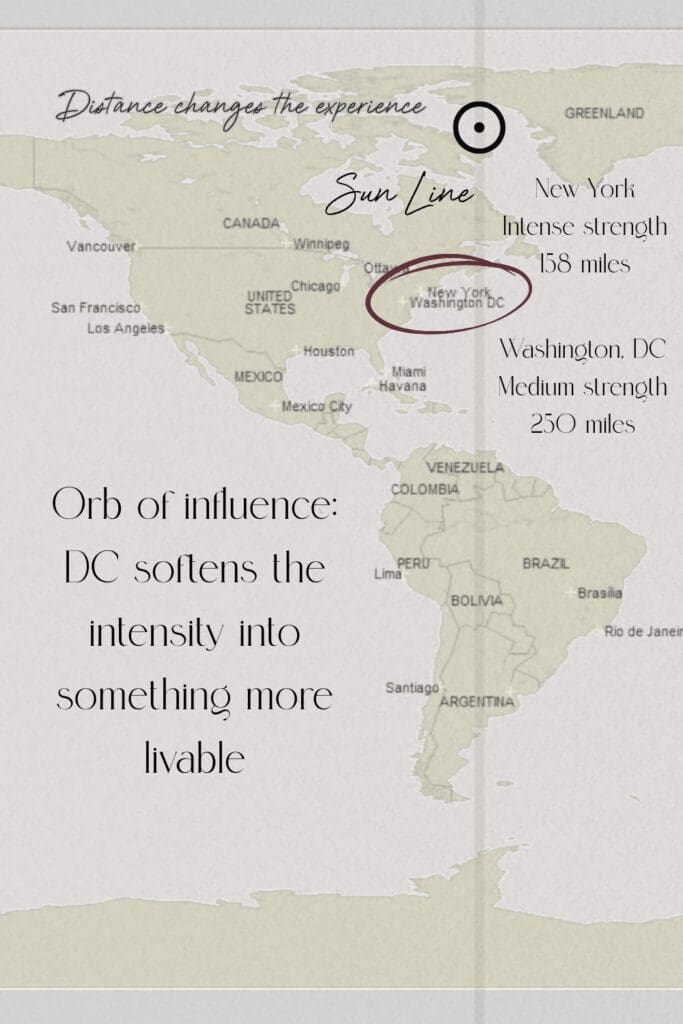 astrocartography world map on orb of influence comparing washington dc and new york city