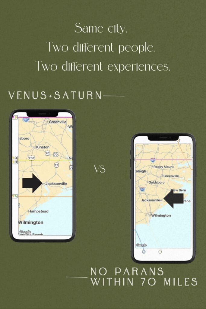 2 different astrocartography maps showing one city with a difficult ove paran Venus Saturn