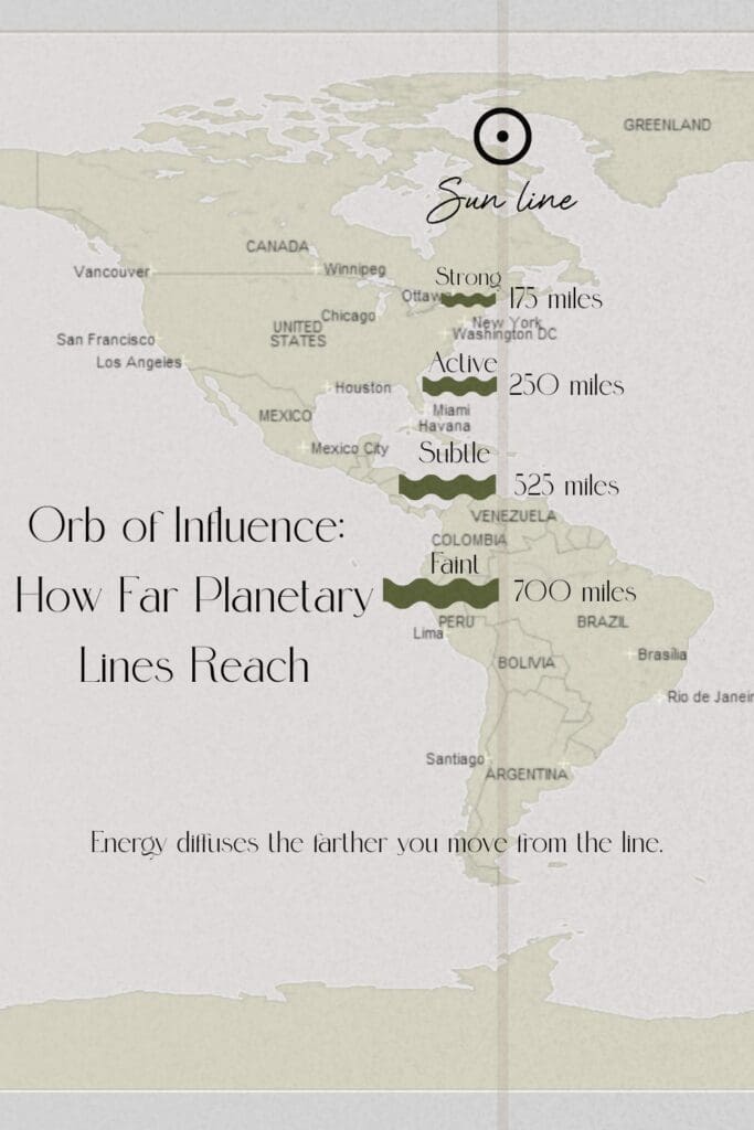 astrocartography map for orb of influence with planetary lines