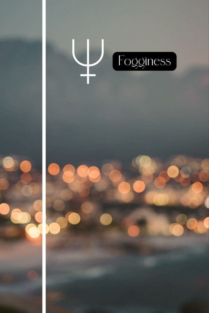 neptune planetary line with blurry image of a city representing clouded thinking