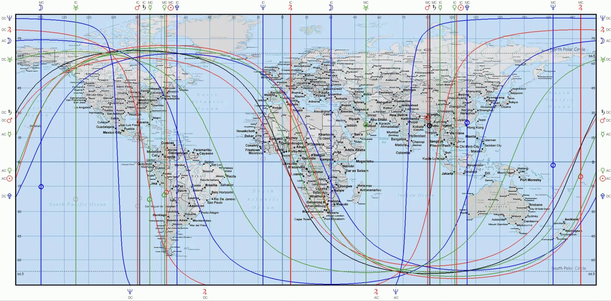 Astrocartography world map with planetary lines Sun, Venus, and Mercury
