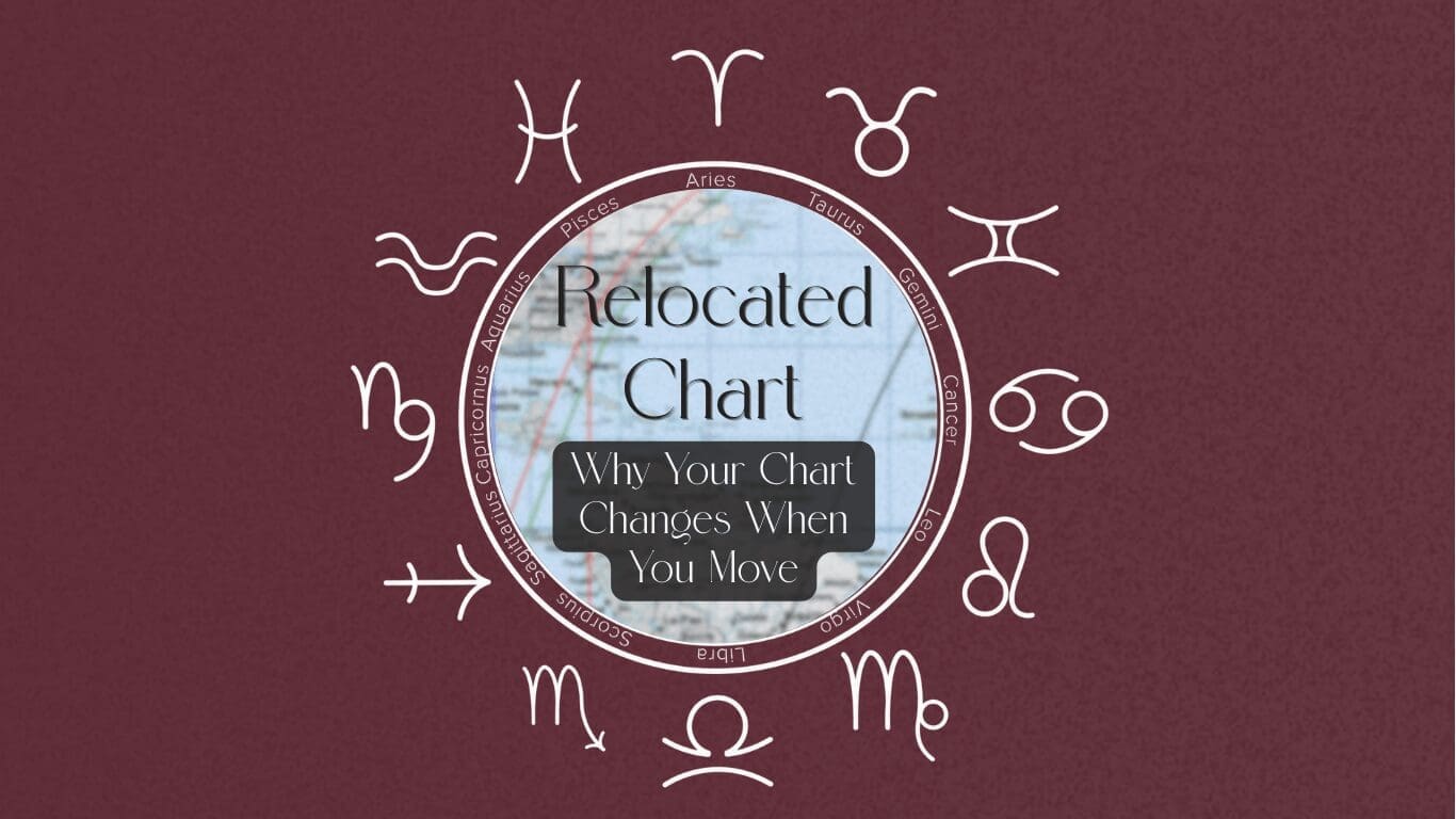 Astrocartography map on a relocated chart with zodiac signs and symbols