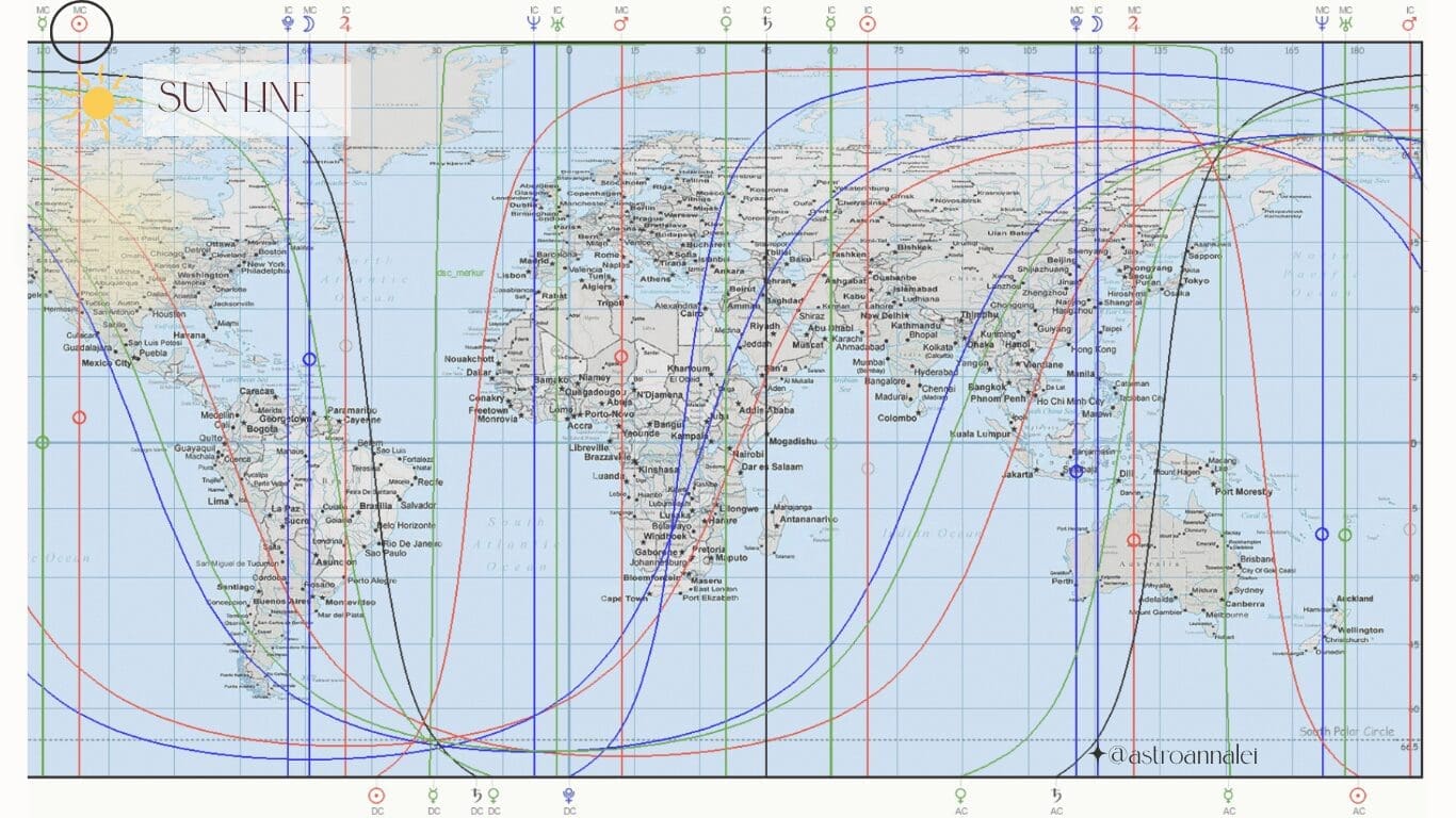 astrocartography map with planetary lines going across the world
