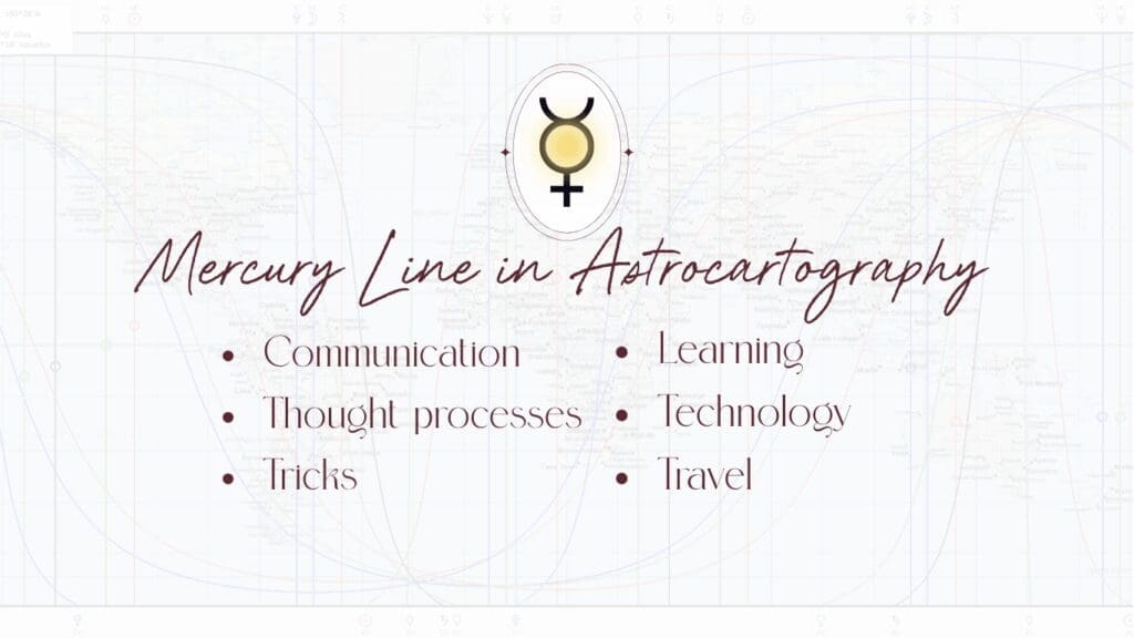 astrocartography world map with a Mercury symbol and description of what is a Mercury line