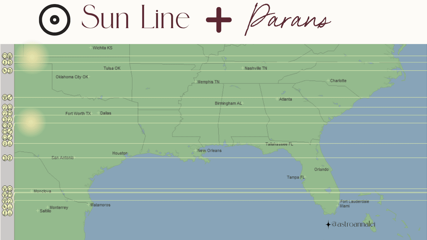 astrocartography map of the united states with parans lines on southern east coast
