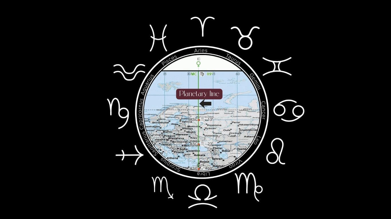 astrocartography map displaying a Venus line and all 12 zodiac signs