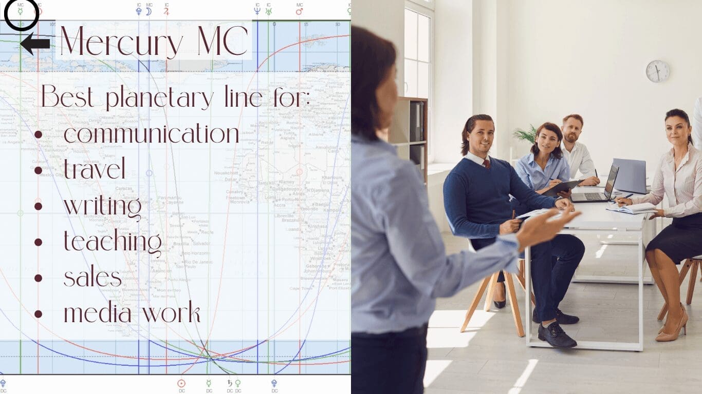 astrocartography map of the world highlighting Mercury MC line in the U.S. and defining what it os great for with an image of a female leader communicating