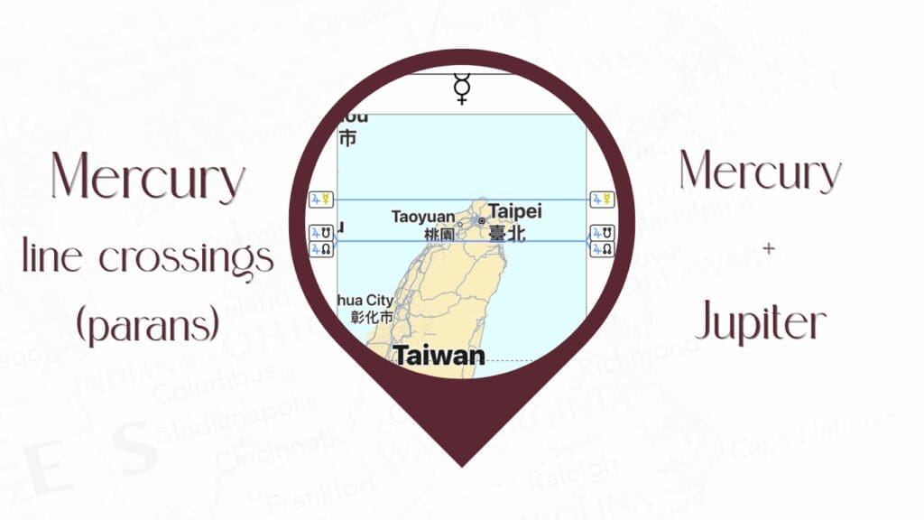 astrocartography map with an example of a Mercury + Jupiter paran in Taiwan