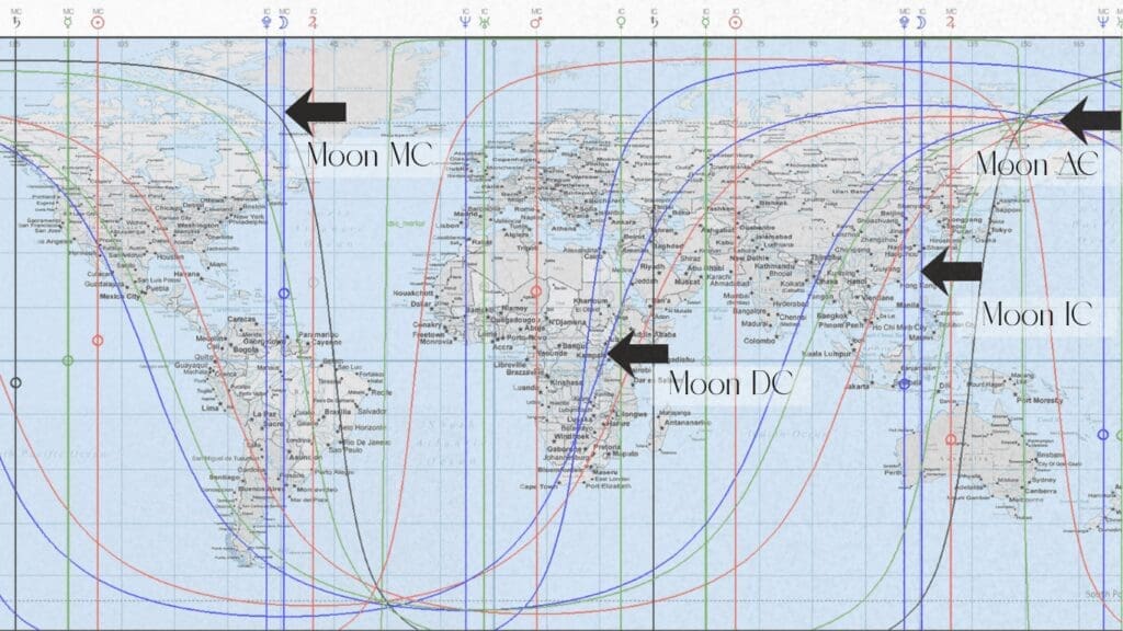 astrocartography worldmap with planetary lines going across the world Moon line angles highlighted