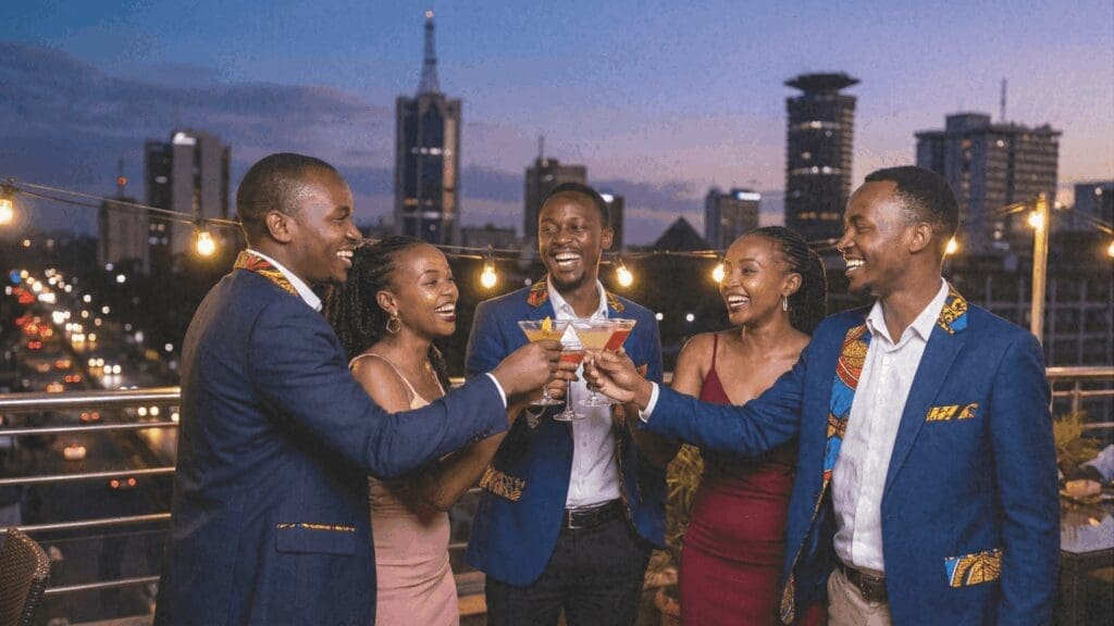 Rooftop toast with friends on Venus line