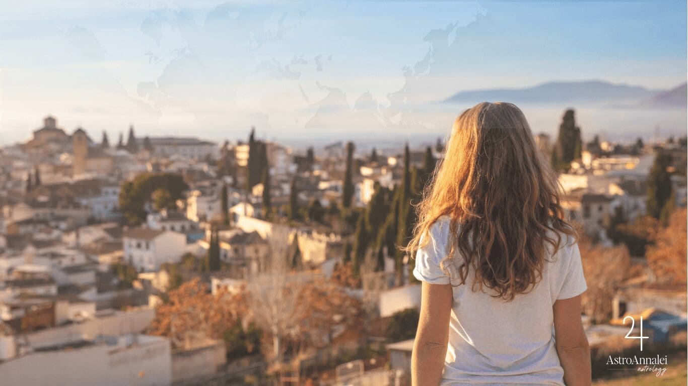 Woman overlooking city with a world astrocartography map for optimism and abundance with jupiter lines