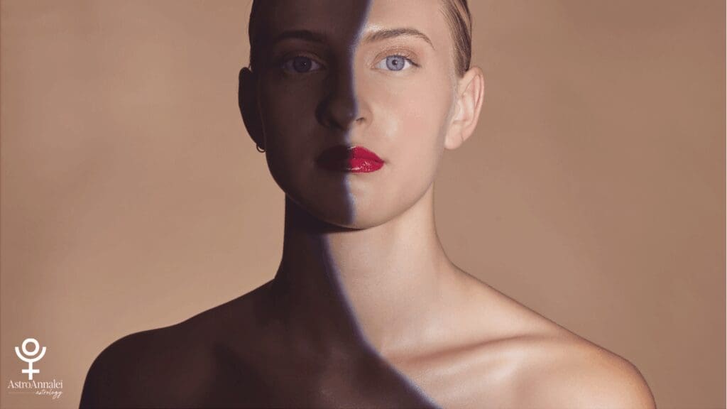 Half face and shadow of woman representing transformation and rebirth on Pluto lines
