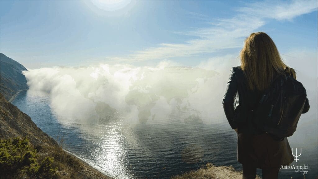 astrocratography world map and woman overlooking mountain and ocean view