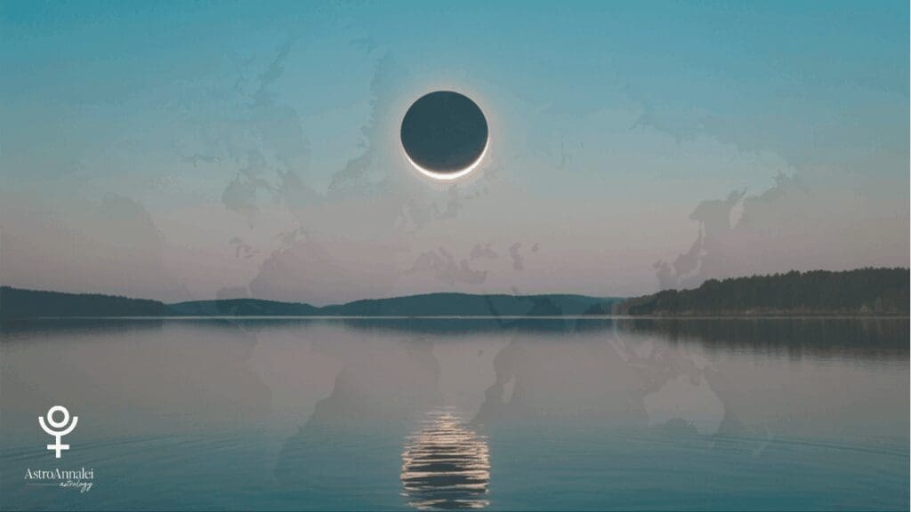 world astrocartography map over an image of an blackened sun eclipse suggesting death and rebirth on Pluto lines