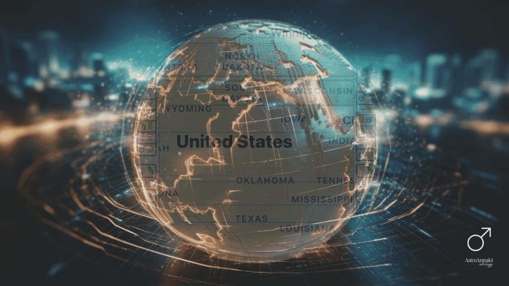 astrocartography map of united states with paran lines on a globe and city background