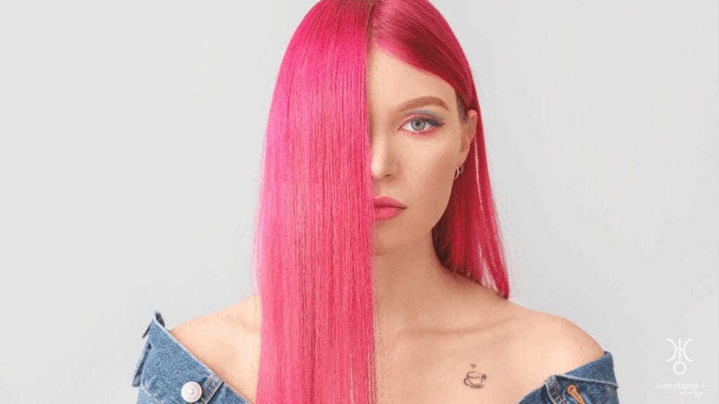 unconventional woman with pink Hair with an astrocartographymap for Uranus lines