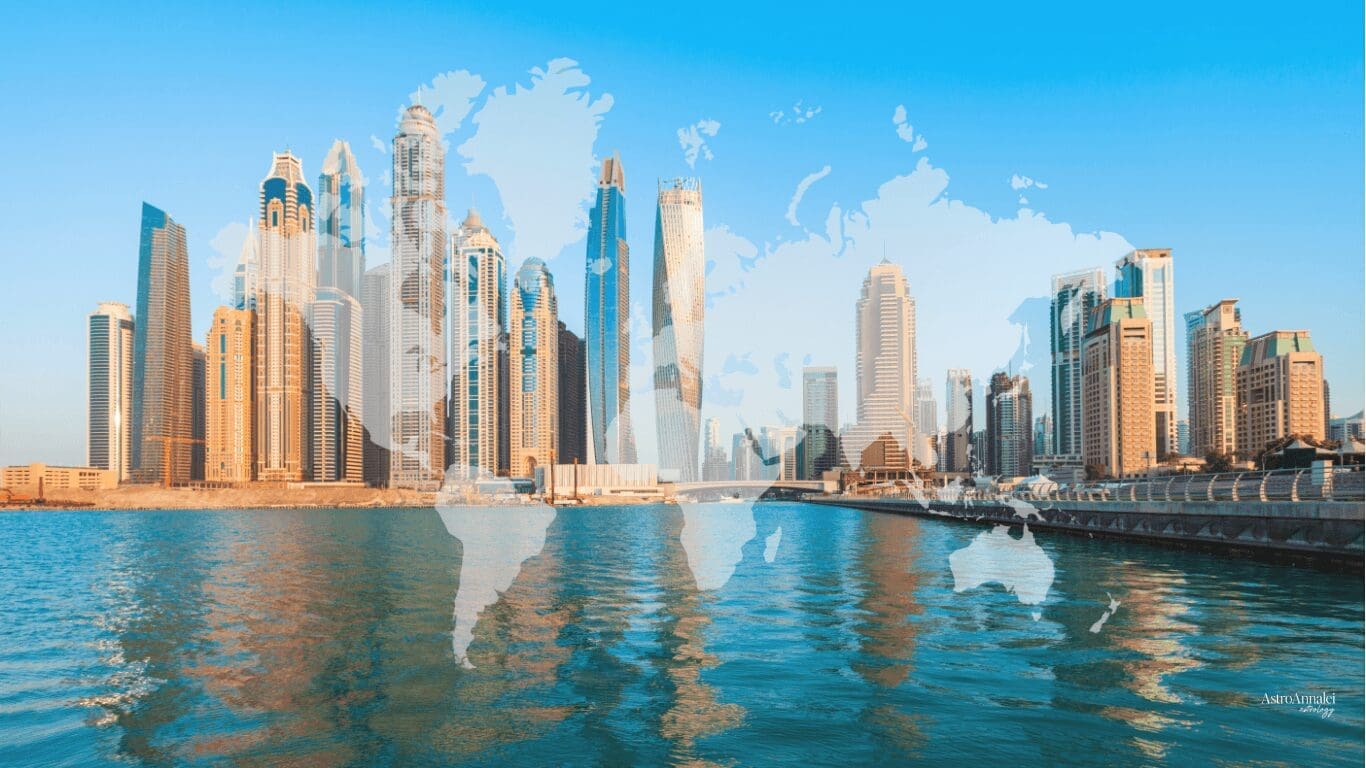 City skyline with an astrocartography world map