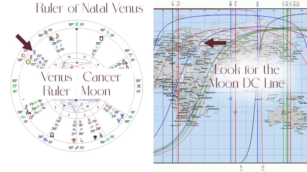 natal chart with an astrocartography map highlighting finding love on the ruler of Venus DC line