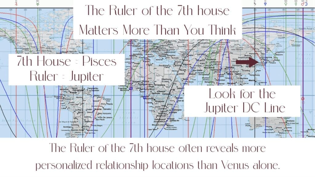 astrocartography world map highlighting finding love through ruler of the 7th house descendant line 