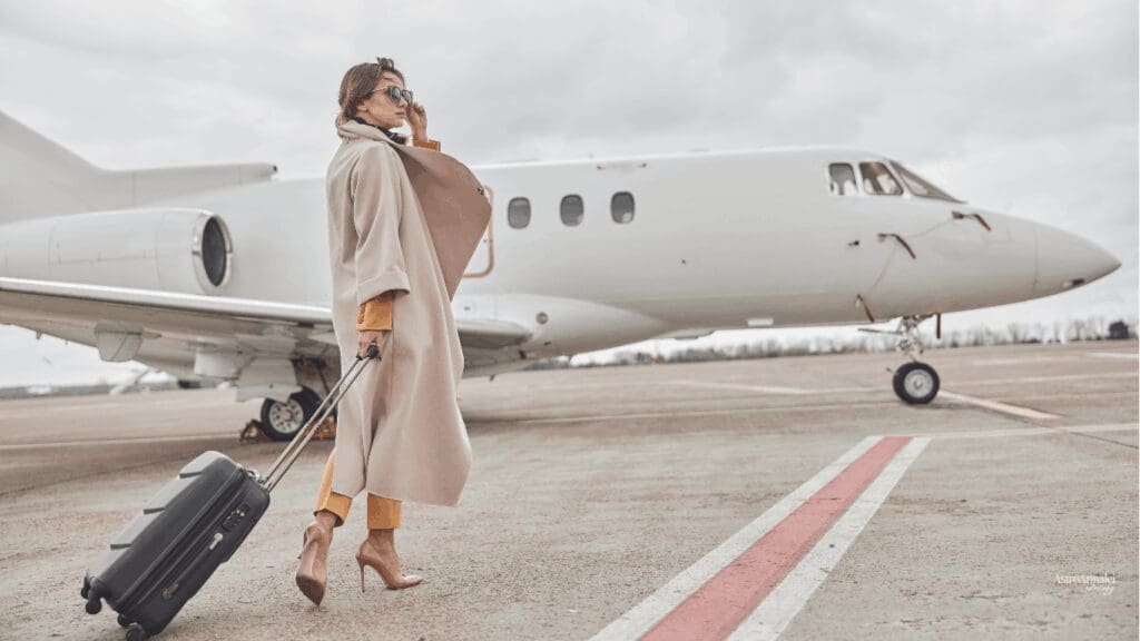 Business woman boarding her plane to travel representing Jupiter MC line