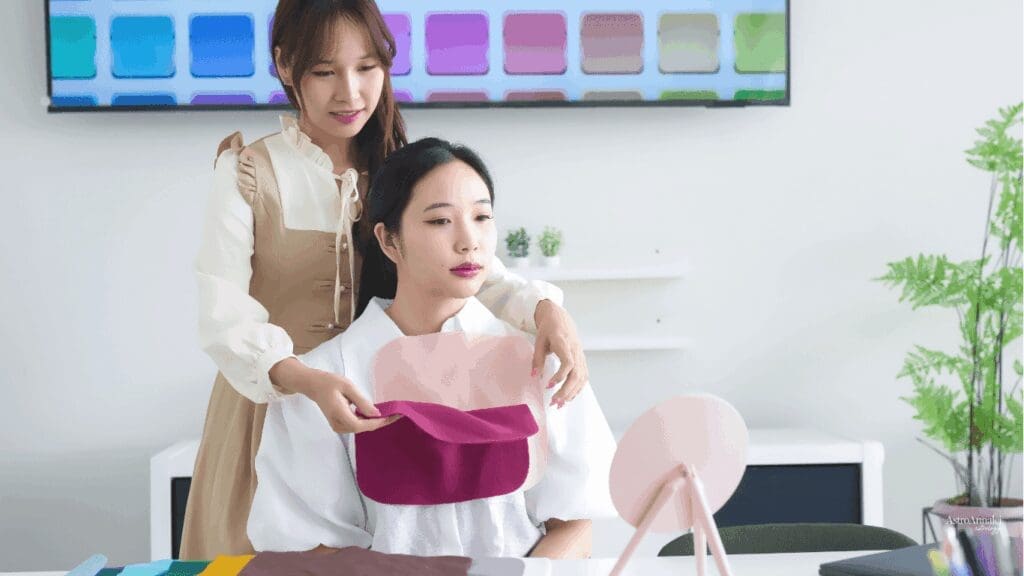 woman consulting client colors that suit her natural color representing Venus MC