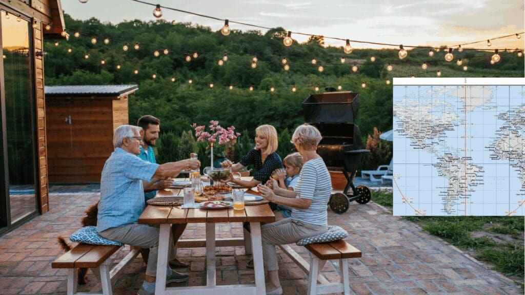 Mutigenerational family gathered for dinner with Jupiter IC astrocartography map for retirement