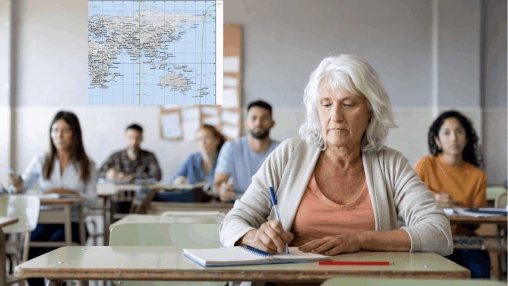 Older retired woman taking a course for higher education with a Mercury IC line astrocartography map for retirement