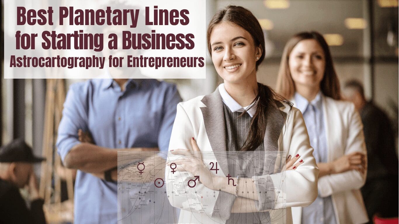 Entrepreneur with staff and an world astrocartography map for best planetary lines to start a business