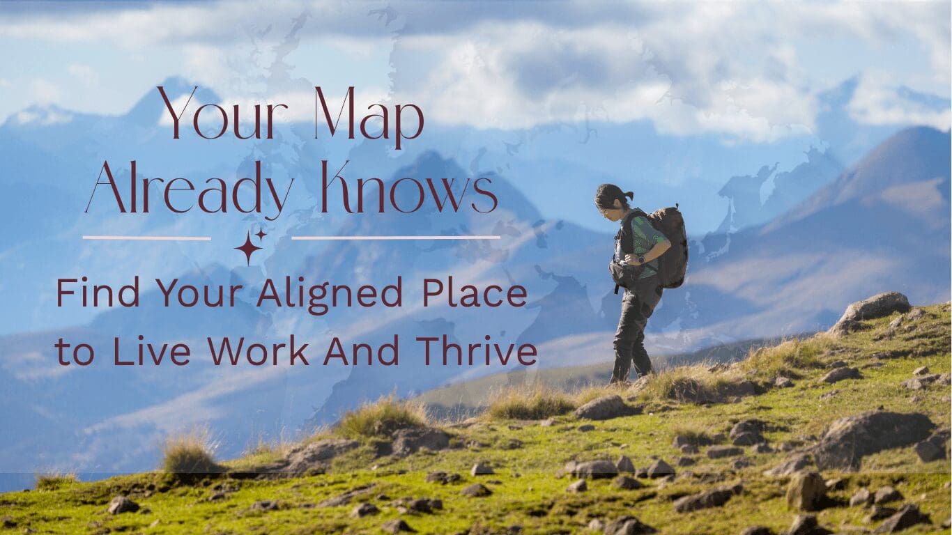World astrocartography map with woman hiking seeking spiritual astrocartography line