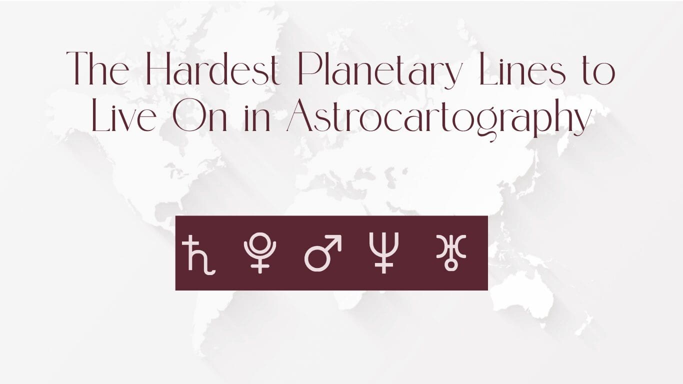 Astrocartography world map illustrating challenging planetary lines to live on.