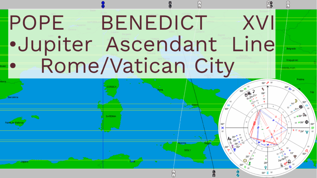 World astrocartography map of Pope Benedict XVI and his Jupiter ascendant astrocartography line for spiritual growth in Vatican City
