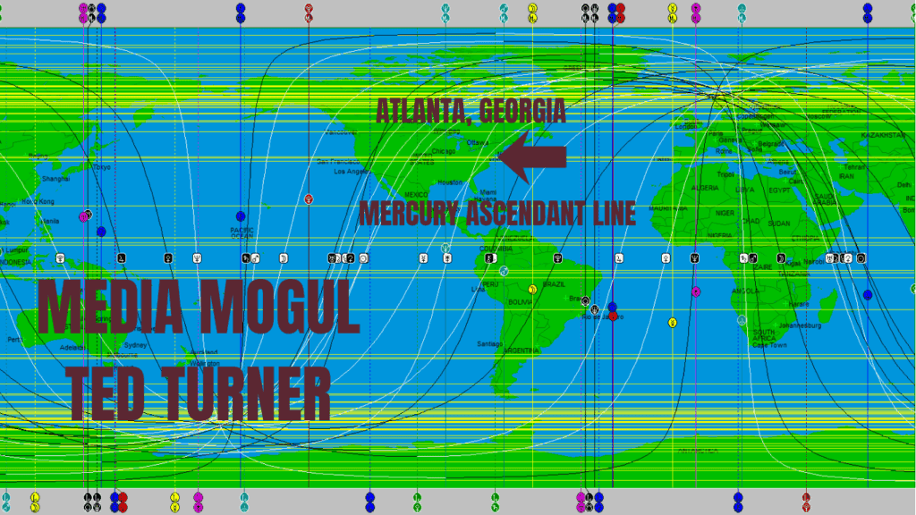 World astrocartography map of media mogul Ted Turner showing his Mercury Ascendant line in Atlanta, Georgia
