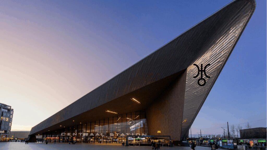 Modern architecture representing freedom and unexpected change on a Uranus astrocartography line.