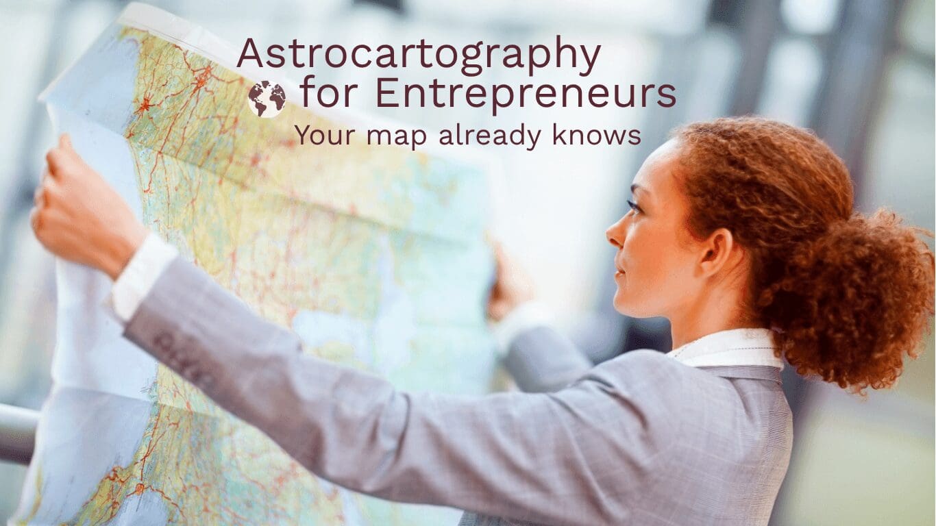 Business woman looking at a World map for astrocartography for entrepreneurs
