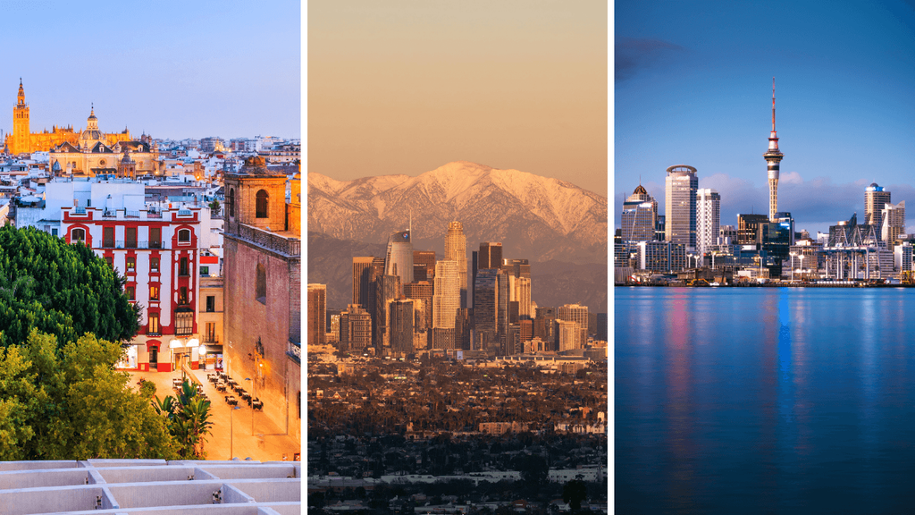 Seville, Spain, Los Angeles, California, and Auckland, New Zealand representing choosing a goal before a city in astrocartography