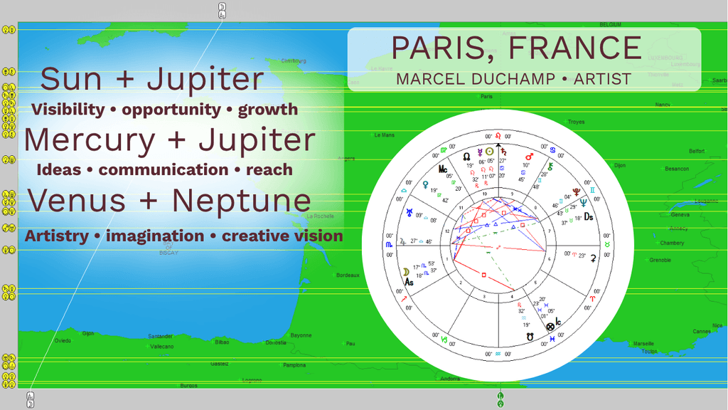 Marcel Duchamp's astrocartography map and relocated chart for Paris highlighting his 3 latitude lines called parans