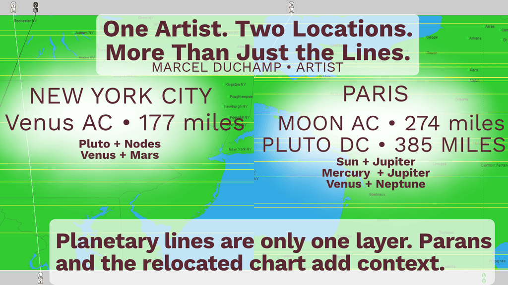 astrocartography map of artist Marcel Duchamp for 2 cities: Paris and New York City highlighting his planetary lines