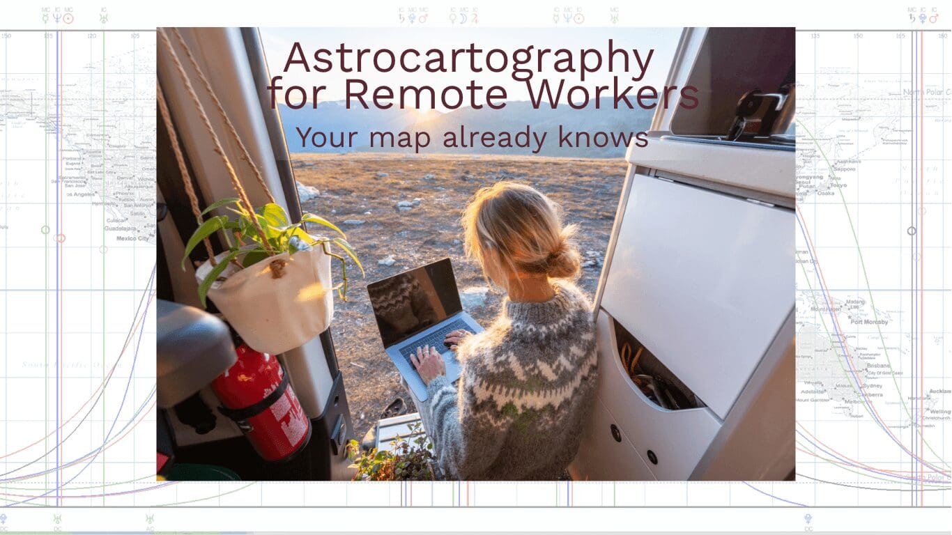 Remote worker using a laptop with an astrocartography world map in the background