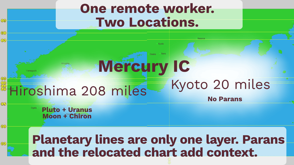 Astrocartography map with parans and orb of influence highlighted used to compare remote work locations